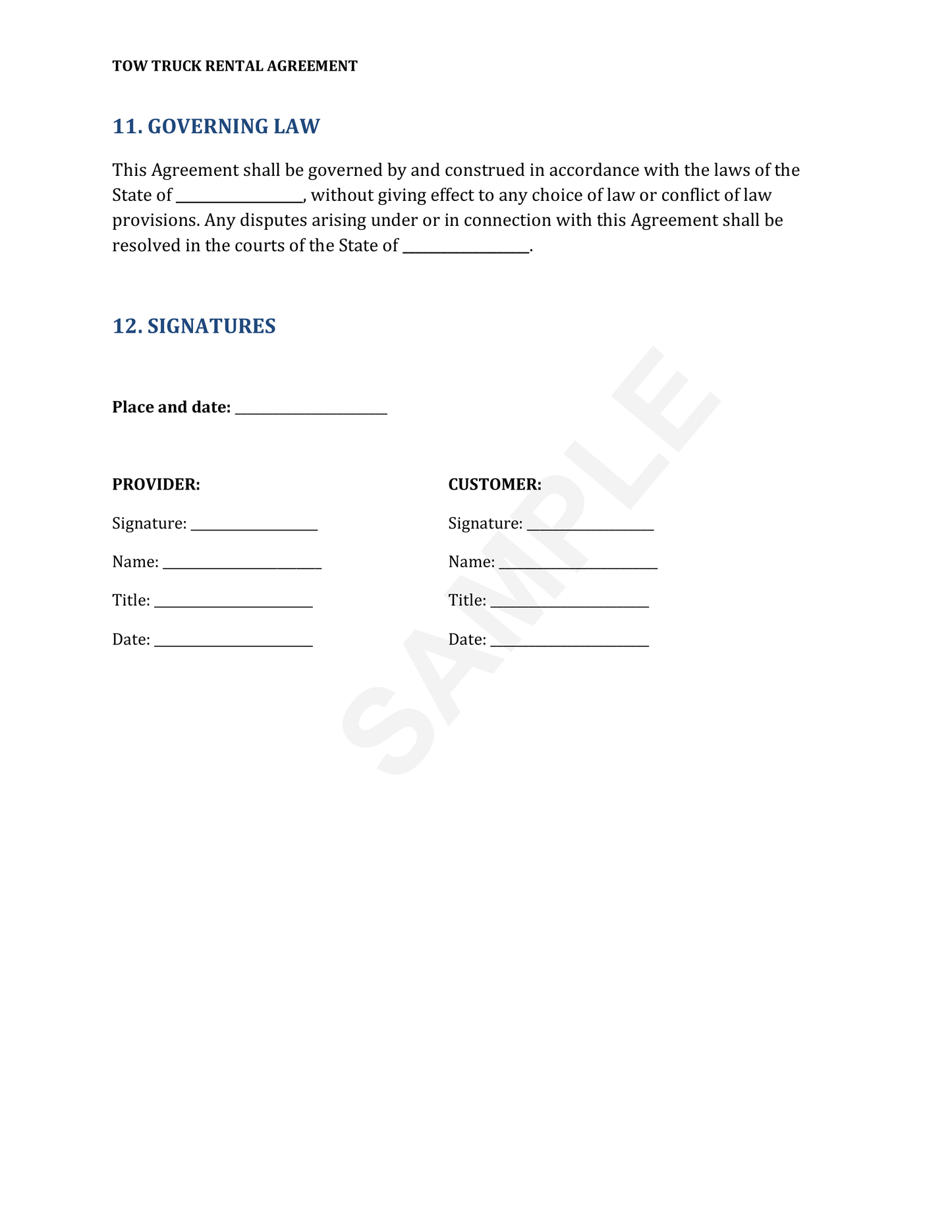Tow Truck Rental Agreement Template