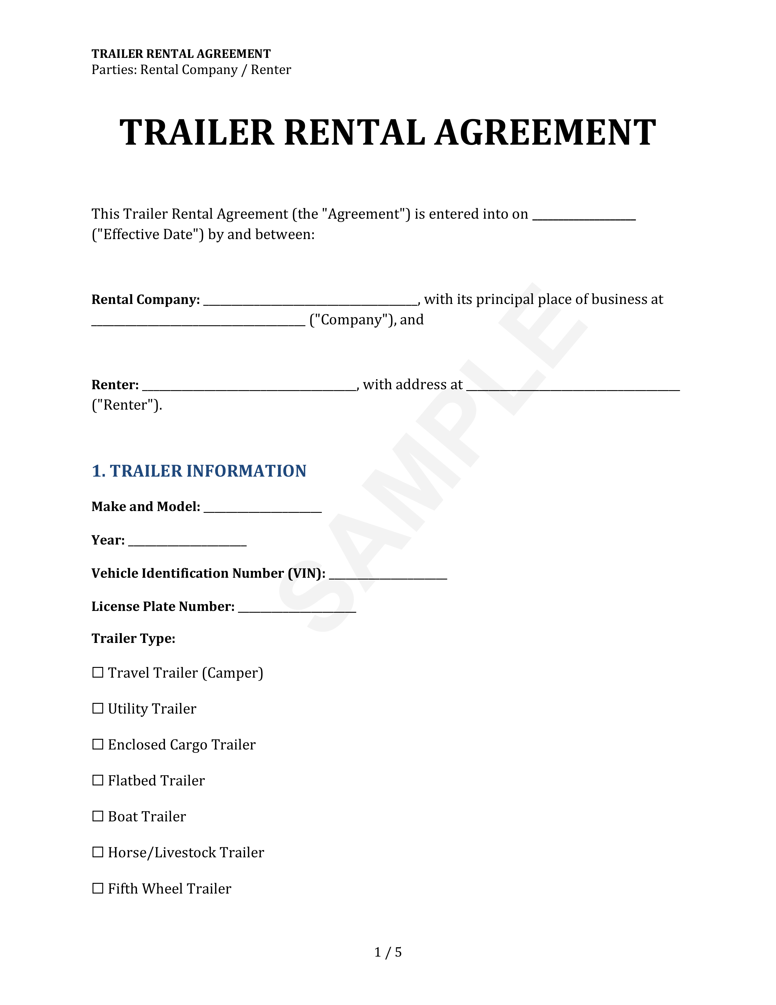 Trailer Rental Agreement Template