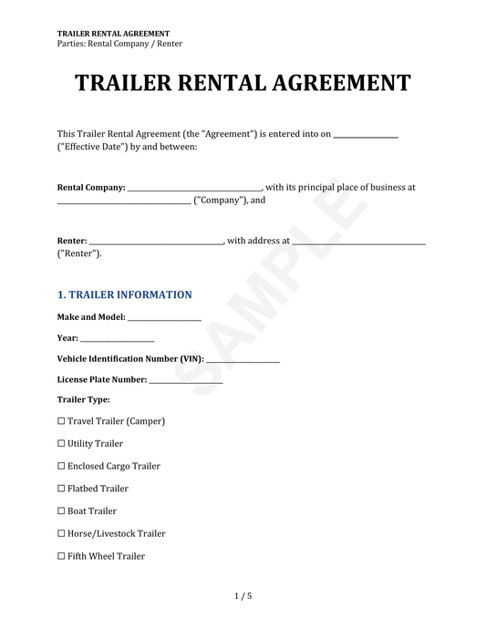 Trailer Rental Agreement Template