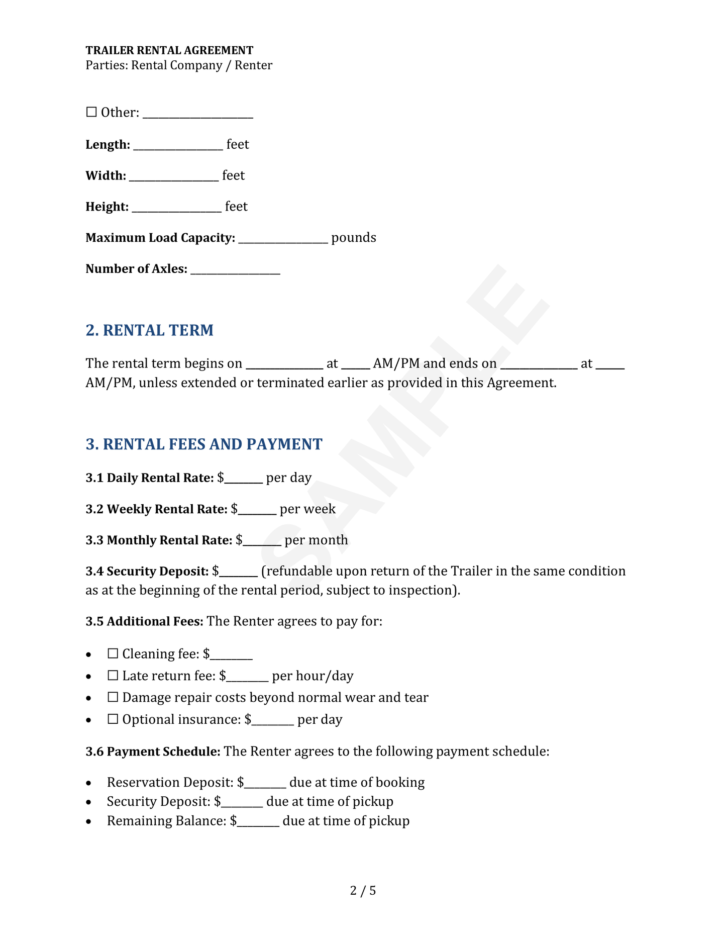 Trailer Rental Agreement Template