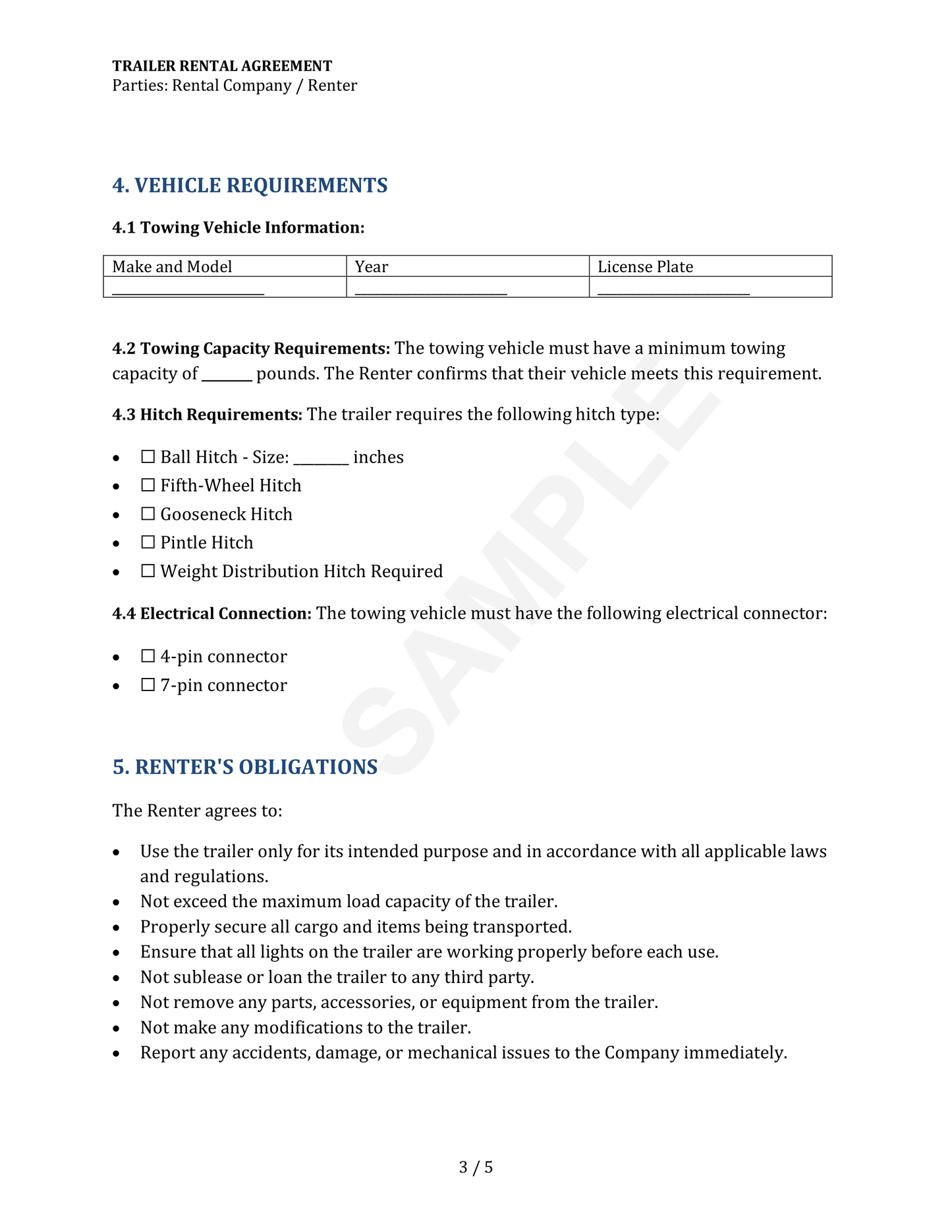 Trailer Rental Agreement Template