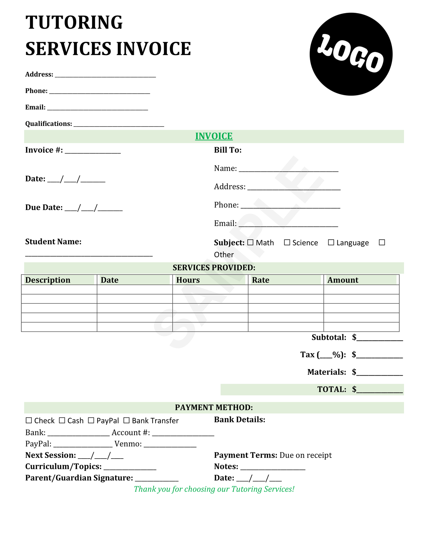 Tutoring Invoice Template