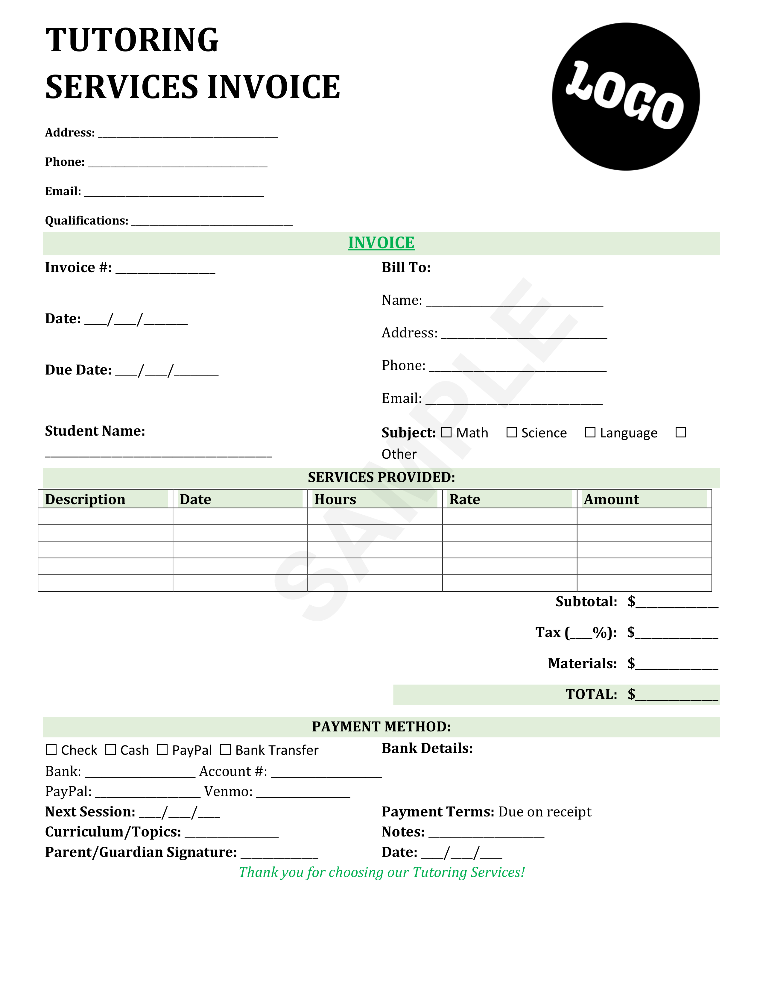 Tutoring Invoice Template