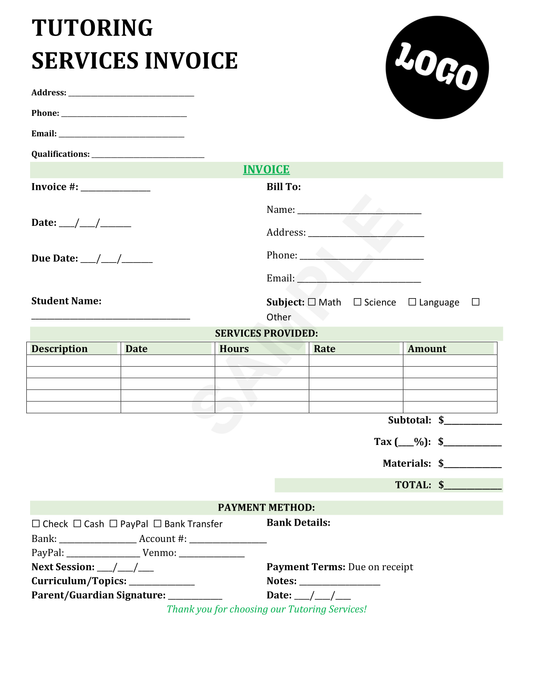 Tutoring Invoice Template