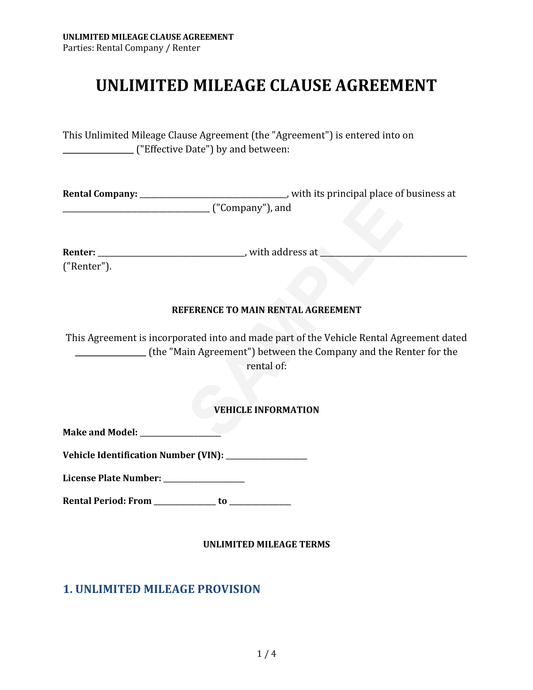 Unlimited Mileage Clause Agreement Template