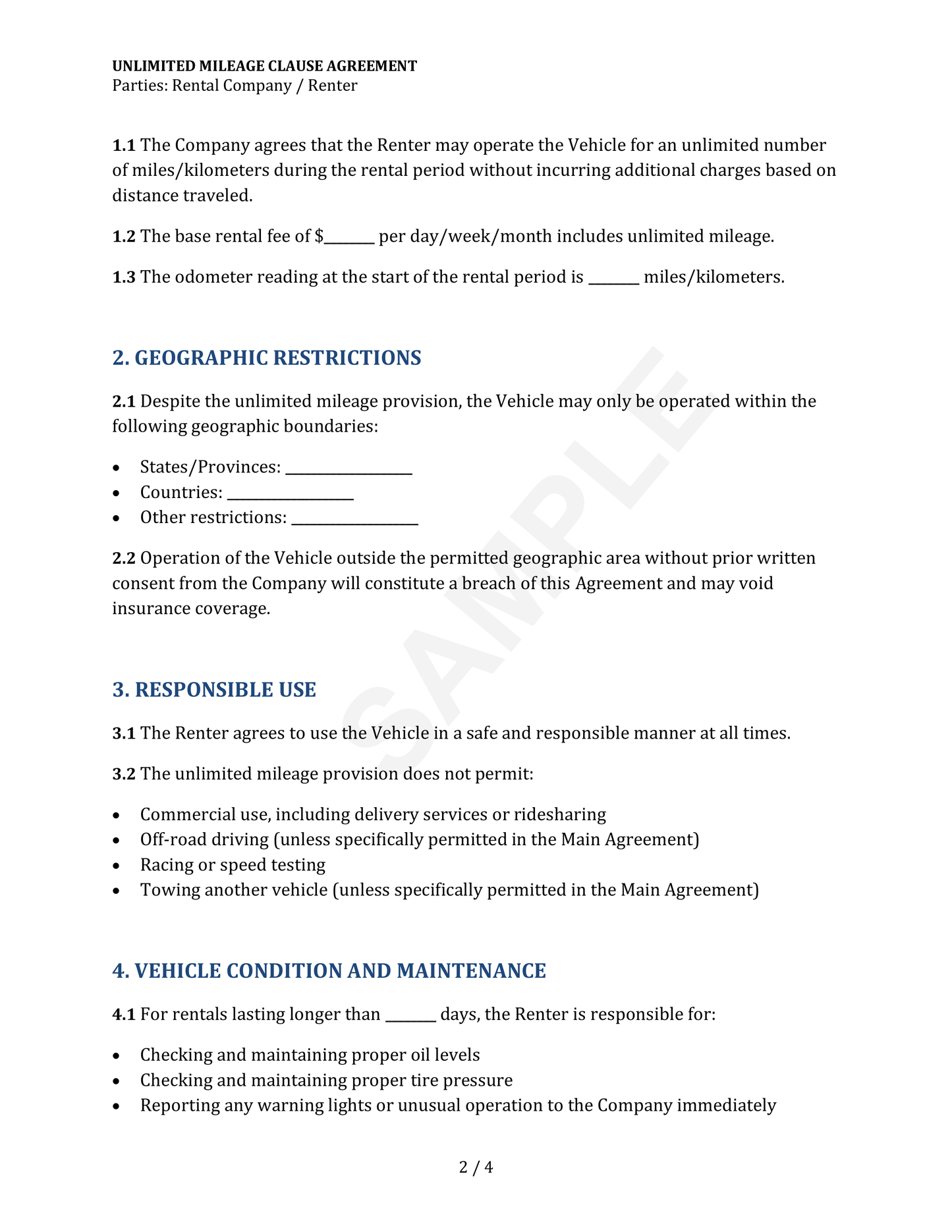 Unlimited Mileage Clause Agreement Template
