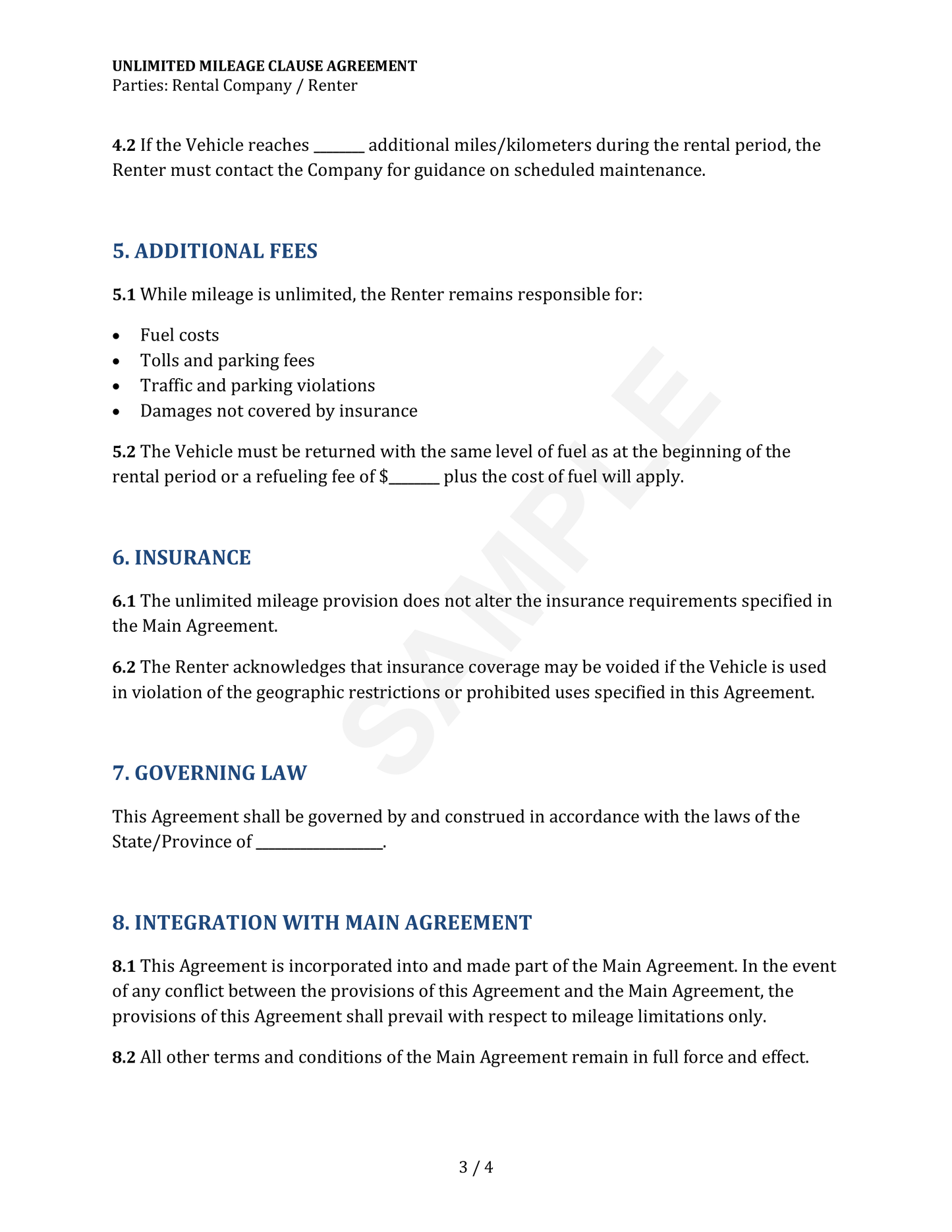 Unlimited Mileage Clause Agreement Template