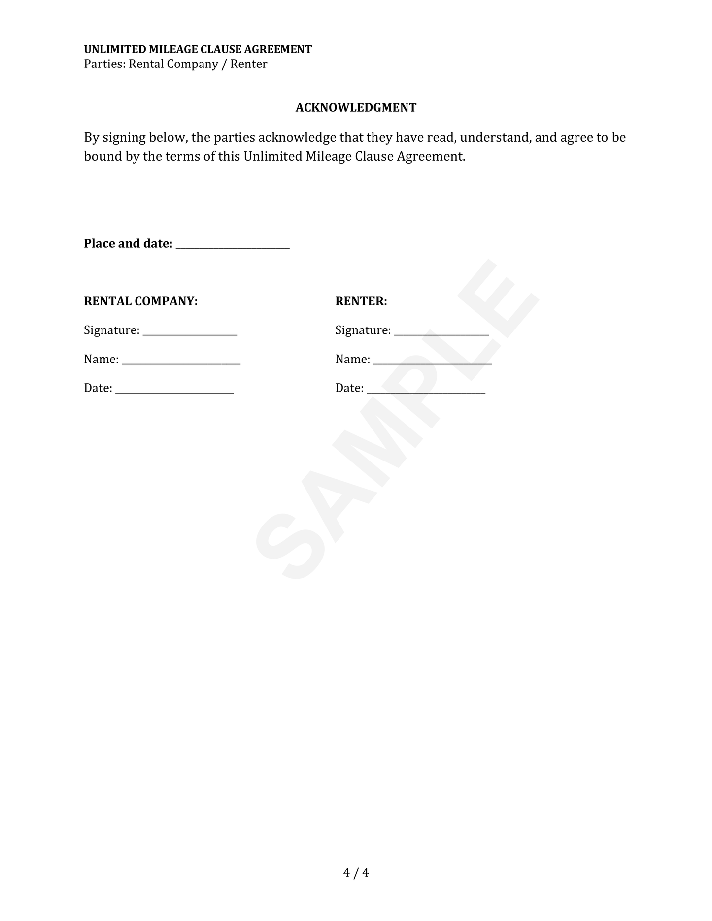 Unlimited Mileage Clause Agreement Template
