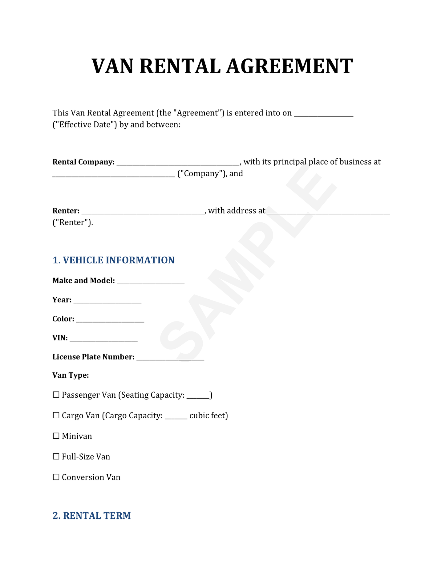 Van Rental Agreement Template