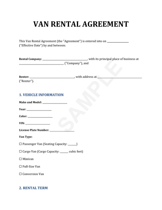 Van Rental Agreement Template