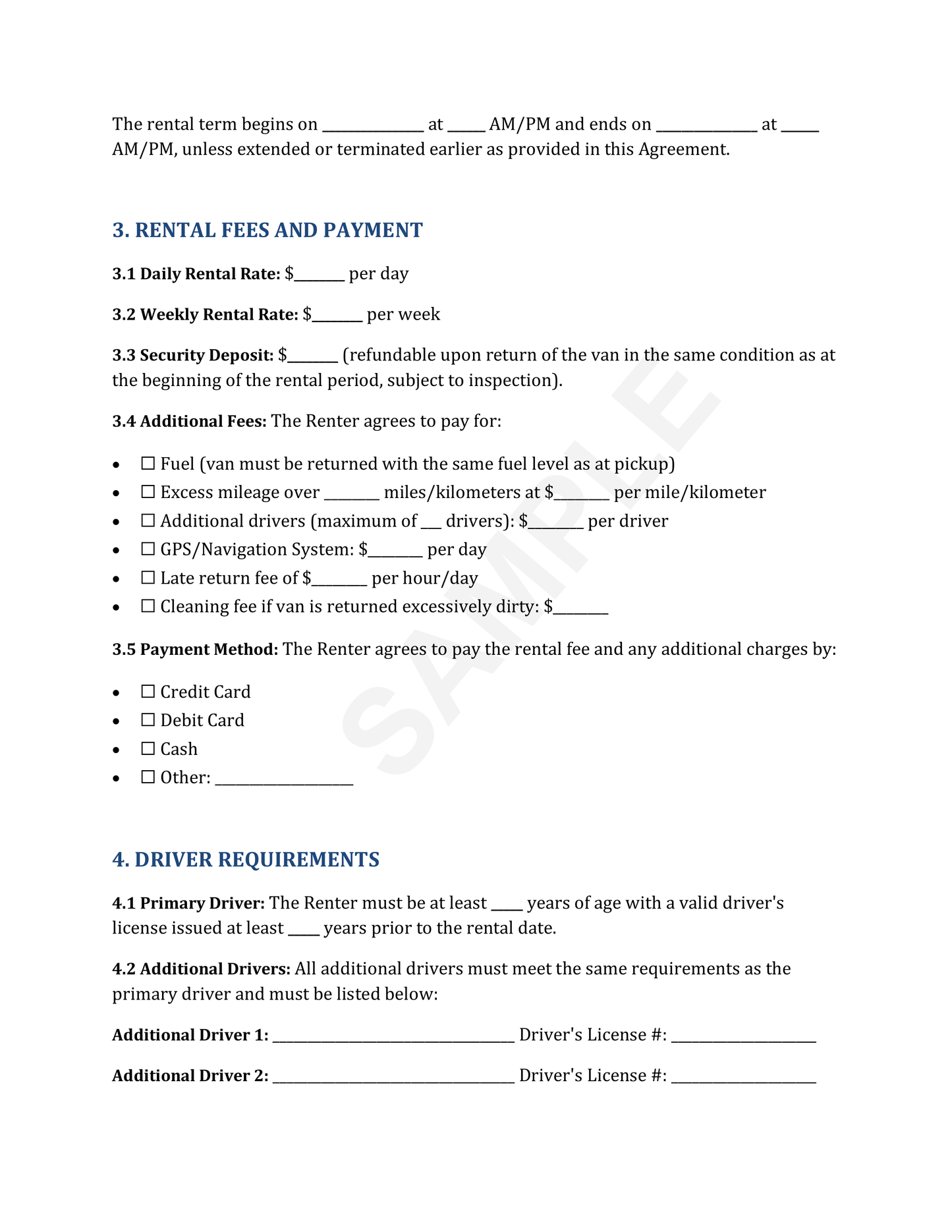 Van Rental Agreement Template