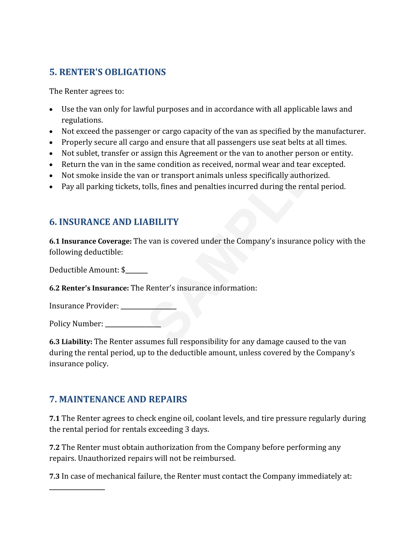 Van Rental Agreement Template