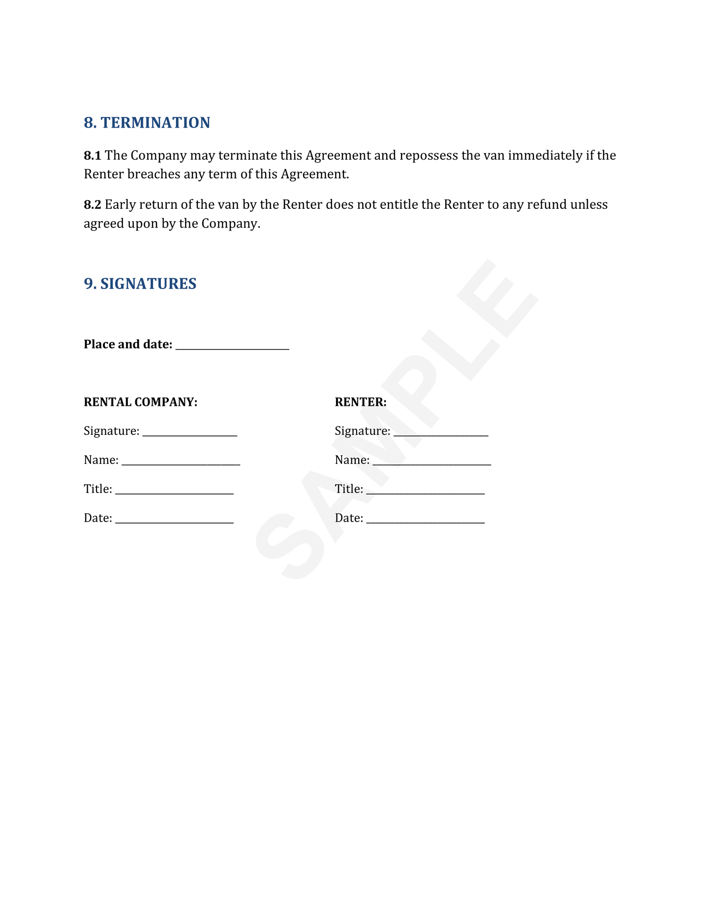 Van Rental Agreement Template