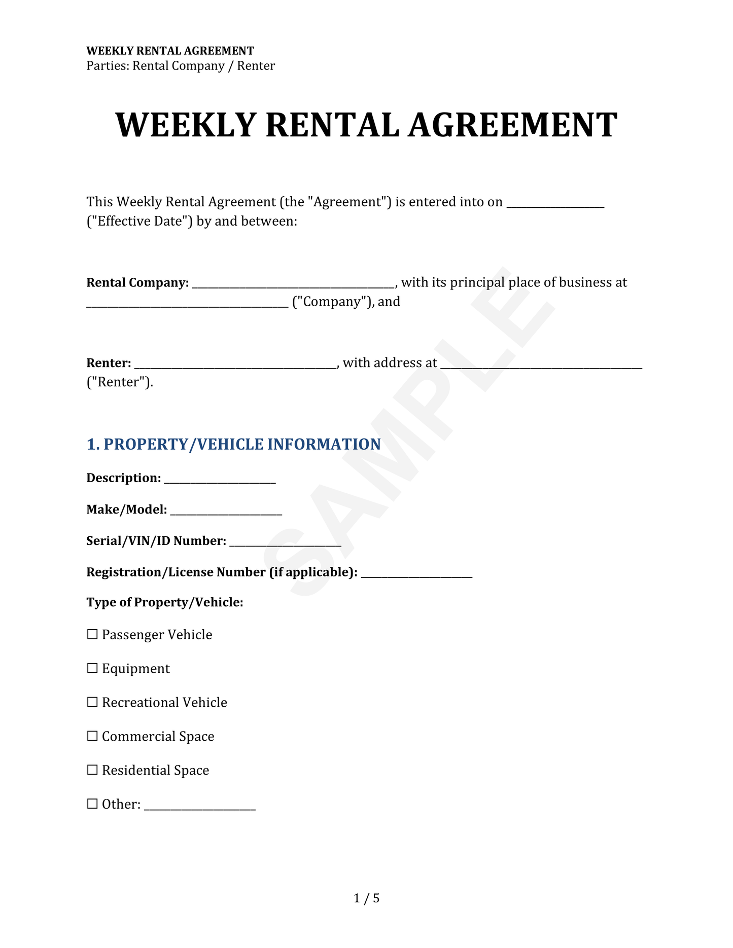 Weekly Rental Agreement Template