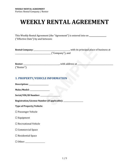 Weekly Rental Agreement Template