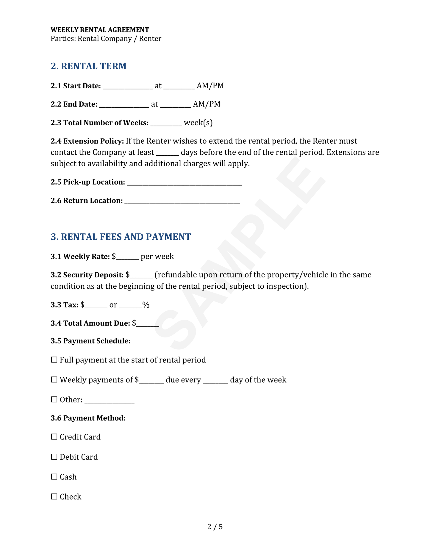Weekly Rental Agreement Template