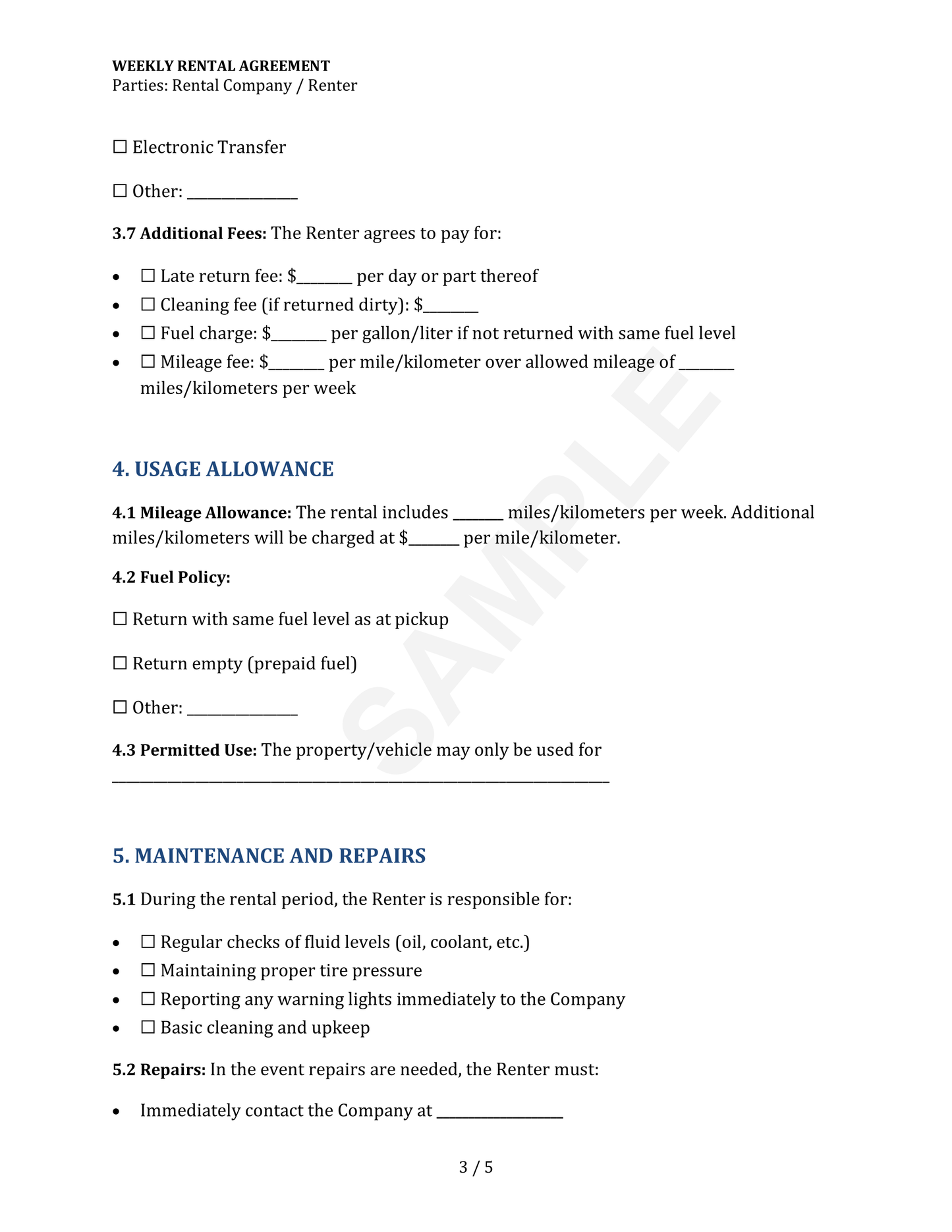 Weekly Rental Agreement Template
