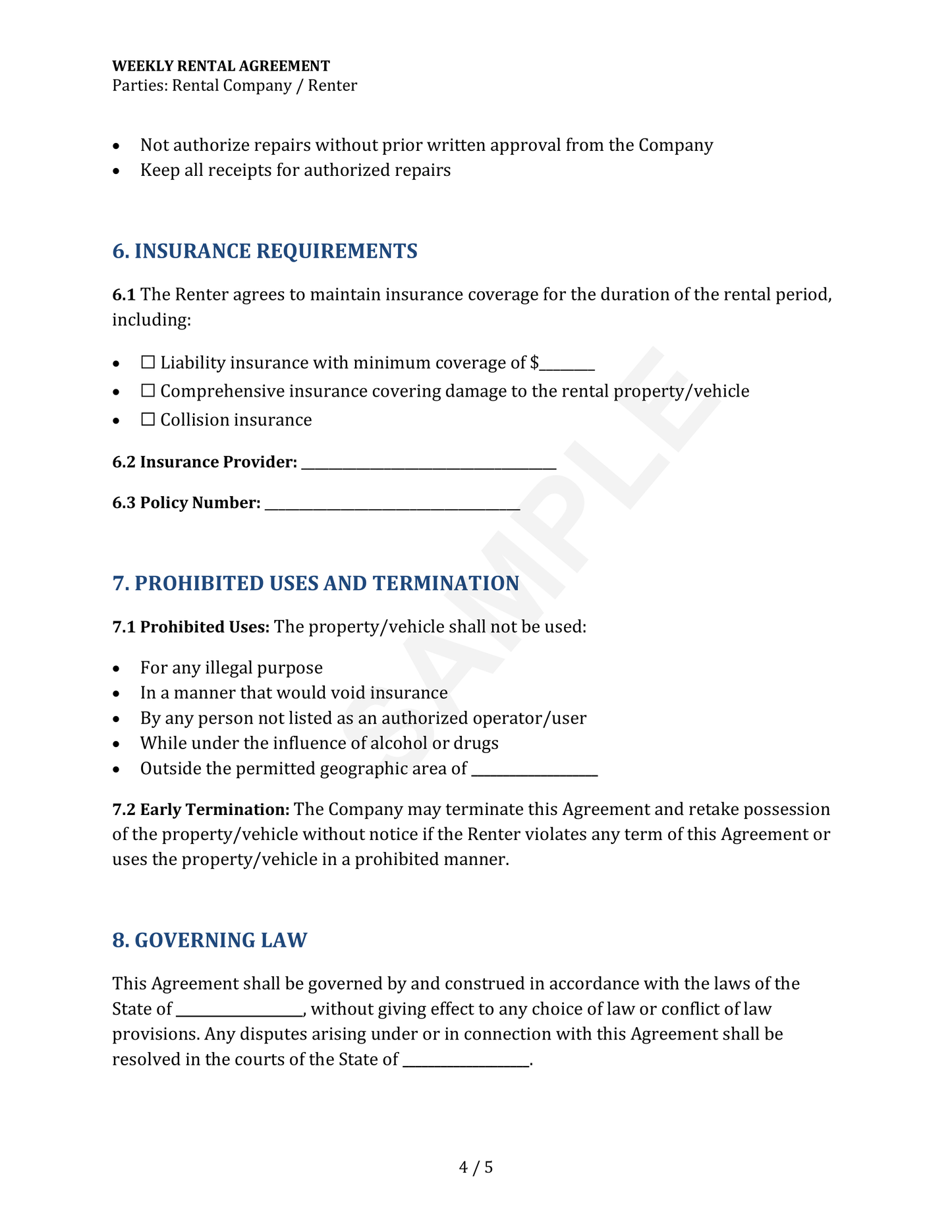Weekly Rental Agreement Template
